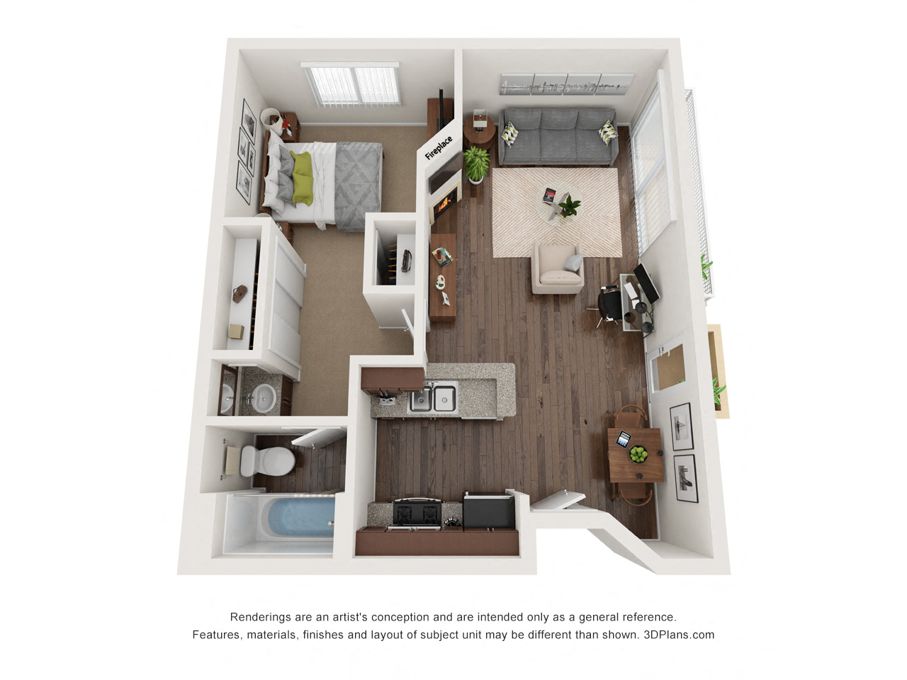 Floor plan for 1 bed, 1 bath, 636 sqft